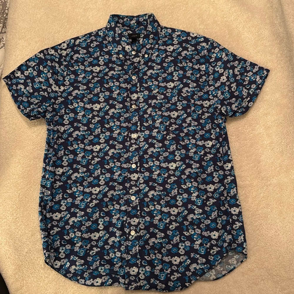 J Crew Blue Floral Short Sleeve Button Down Men Medium